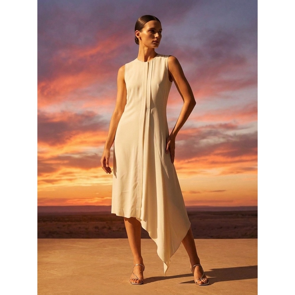 Cedric Charlier Midi Dress Women Cream Asymmetrical Sleeveless Ivory Size 10 US